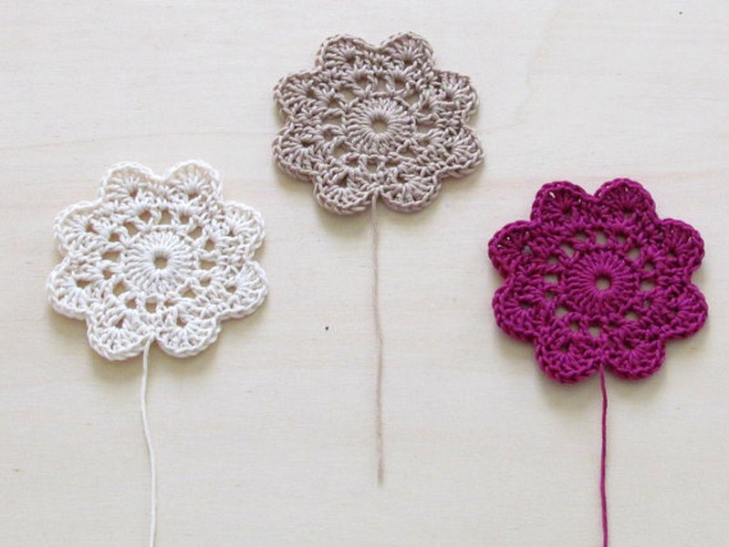 Crochet flowers coasters / garland or embellishment / white cream and purple / set of 6