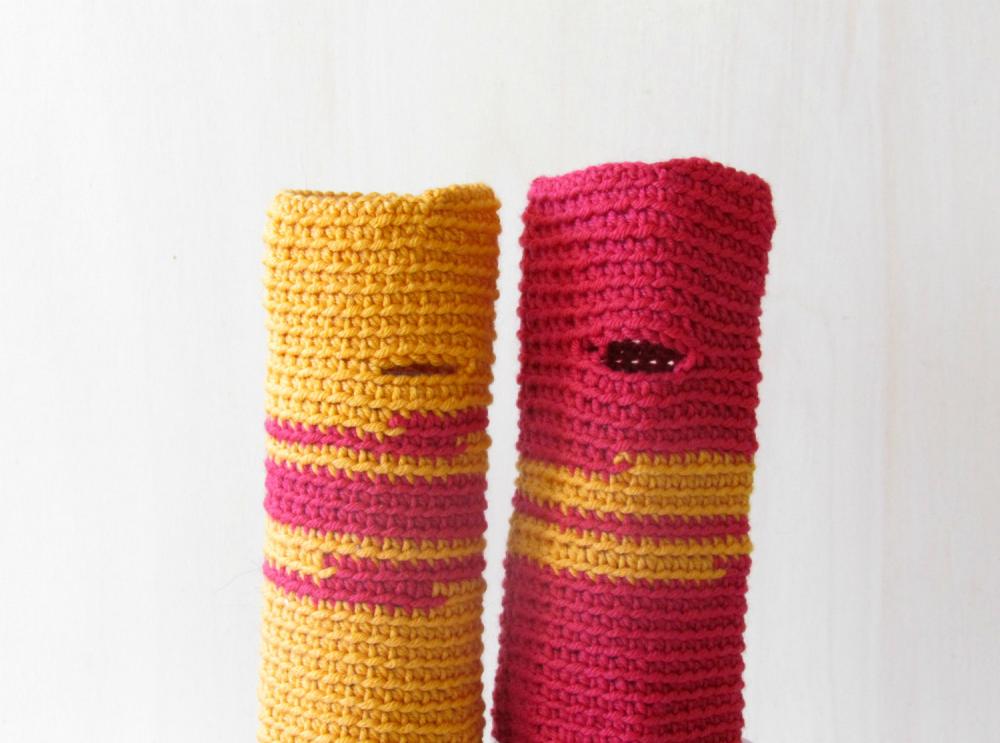 Fingerless gloves - wrist warmer - Winter accessories - wool - One of a Kind, raspberry and mustard yellow