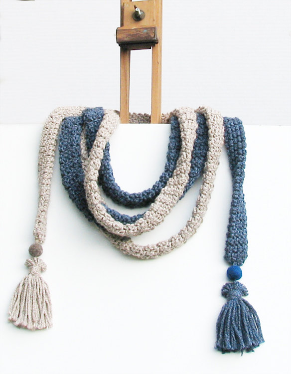 Crochet skinny scarf - extra long necklace - Cool colors cotton - Natural and blue denim